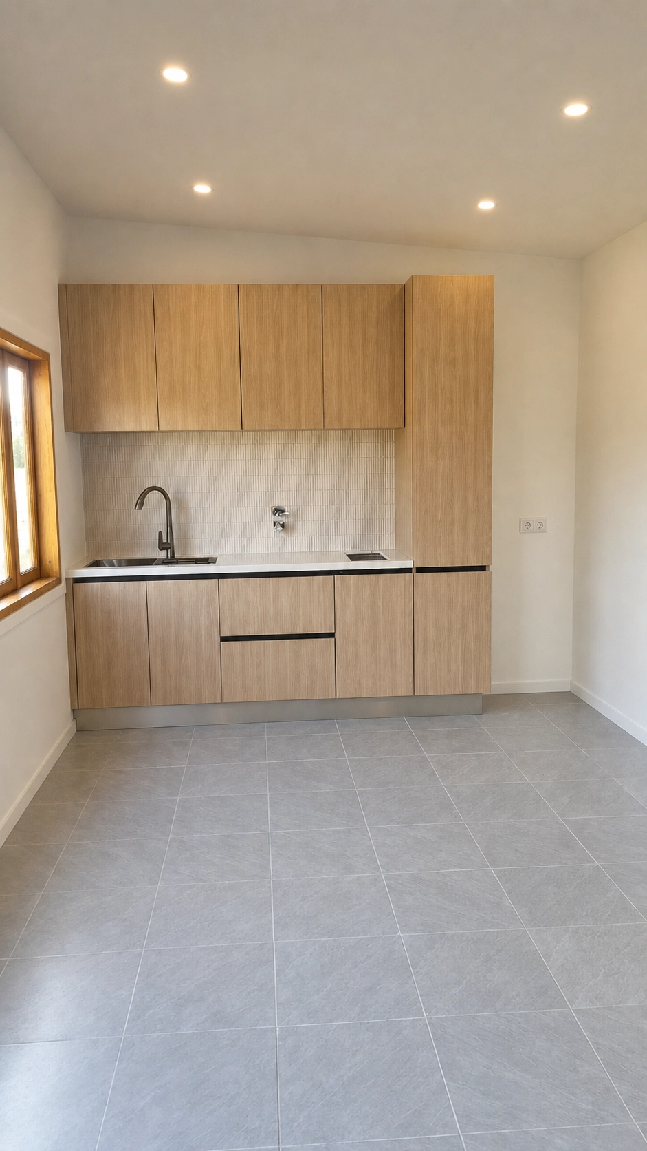 Forge 12 kitchen — oak cabinetry, fluted tile splashback, quartz benchtop