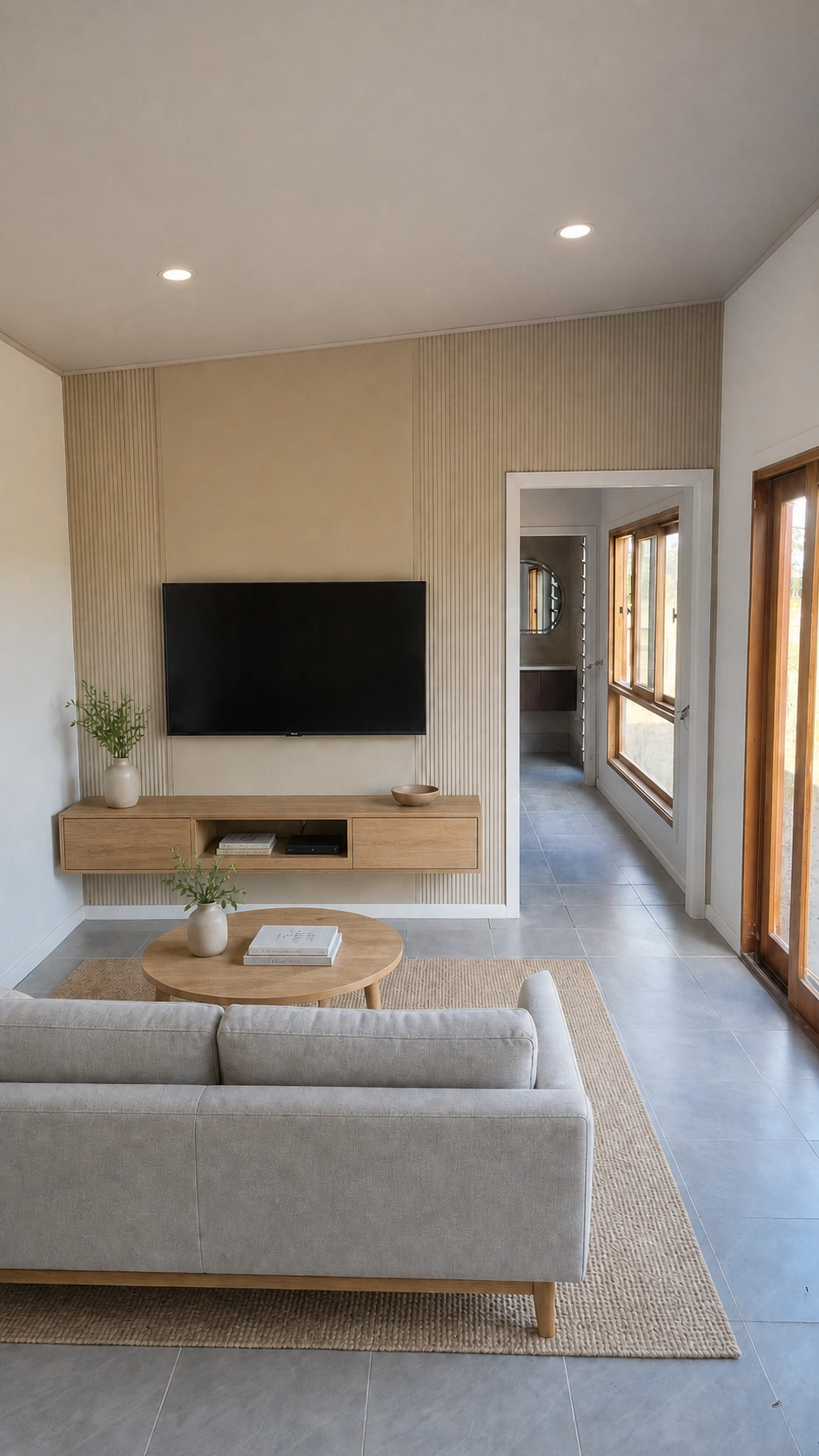 Forge 12 living room — timber feature wall and natural light