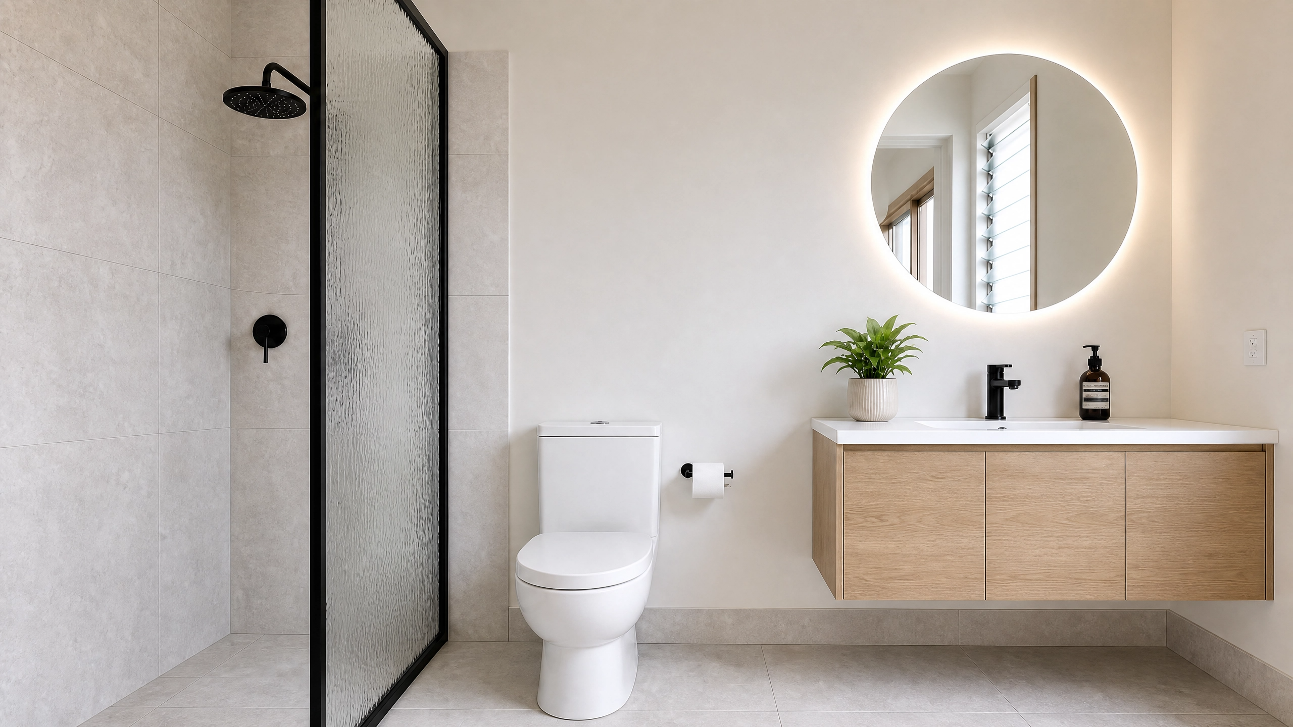 Forge 12 bathroom — walk-in shower, linear drain, large-format tile